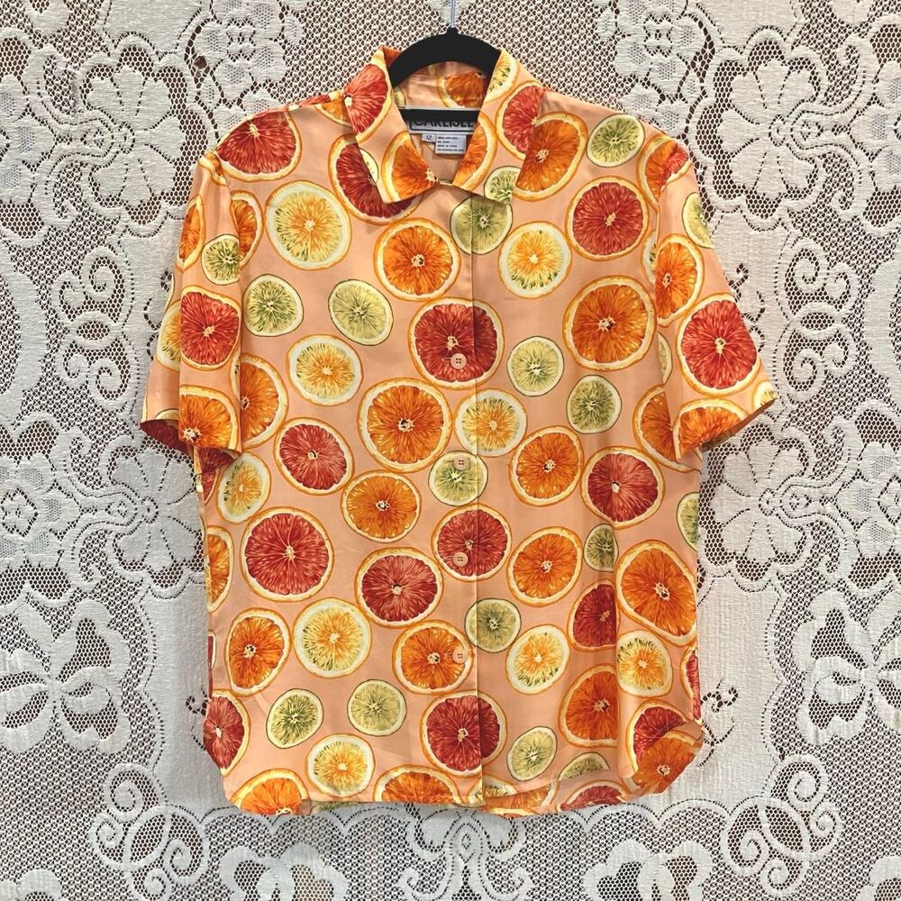 Vintage 100% Silk Carlisle Orange Button-Down Citrus Print Pattern-Matched Shirt